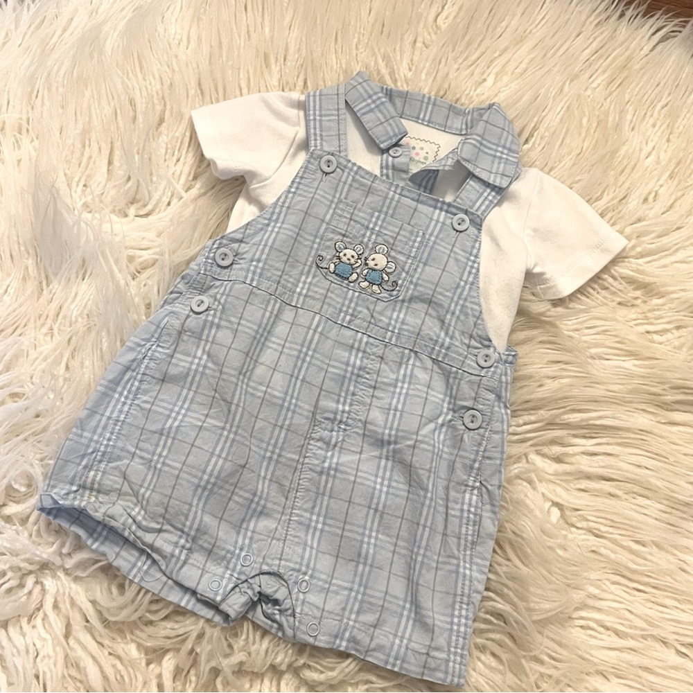 Nursery Rymthe Blue Plaid Overall Set Sz 6/9 month
